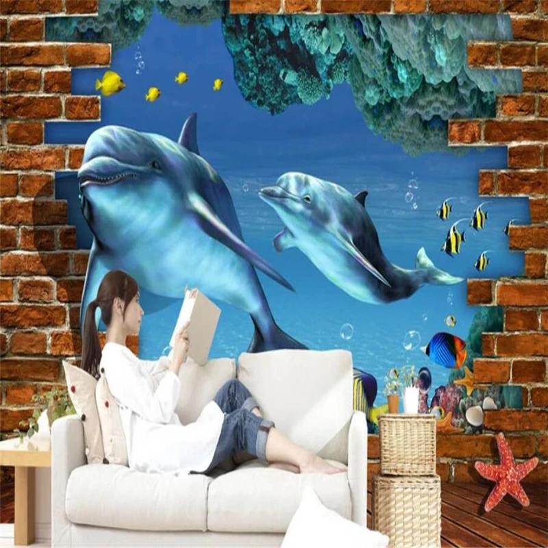 Декоративные обои 3D фрески Подводные дельфины фон wal