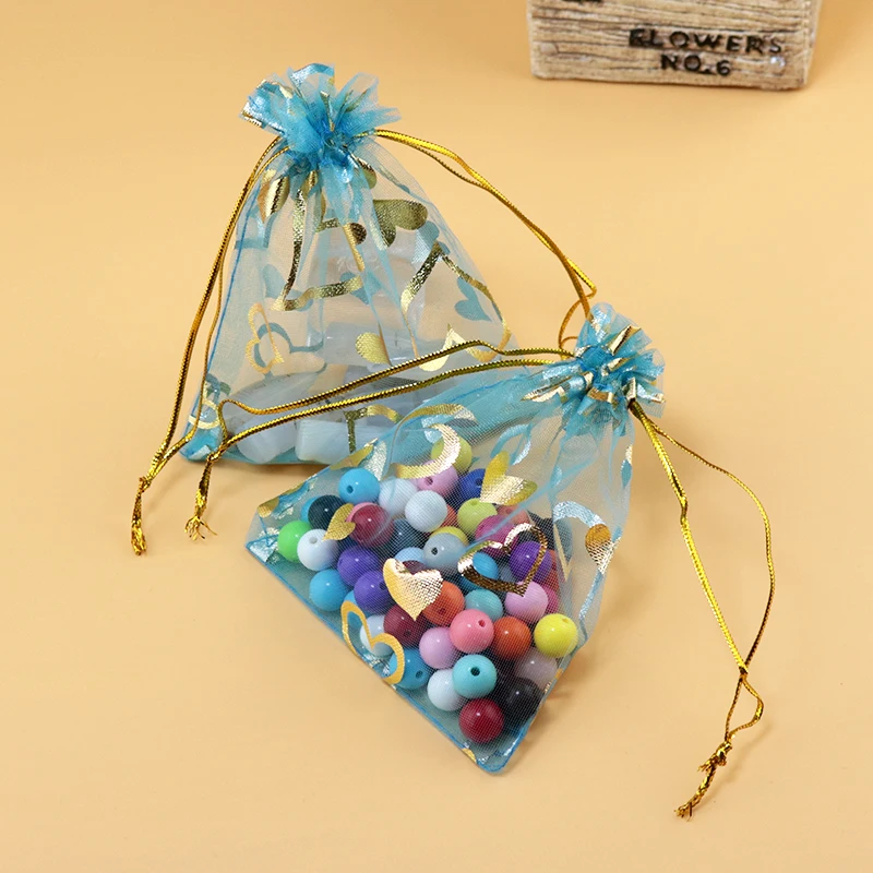 

200pcs/lot Lake Blue Heart Organza Bags 7x9cm Wedding Favour Gift bag Jewelry pouches Christmas Gift Bags