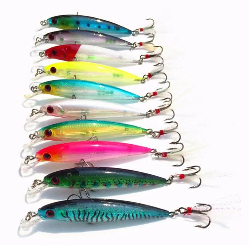 10PCS/lot 9CM/8G Lure Kit fish tackle artificial hard bait plastic lures swimbait wobbler feather Minnow Fishing lure | Спорт и