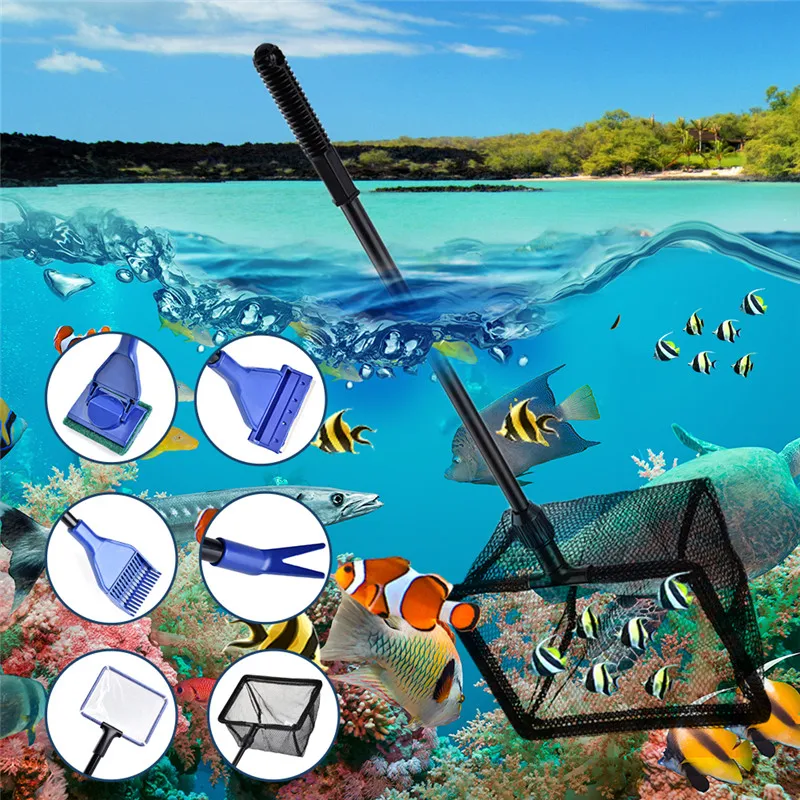 6 in 1 Aquarium Cleaning Kit Fish Tank Brush Glass Wiping Long Handle Tool | Дом и сад
