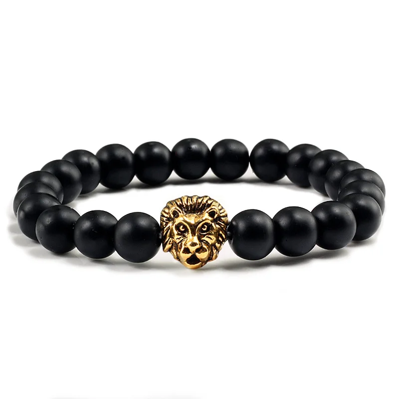 Matte black gold Высокое качество, ручная работа, черные выветриваемые браслеты для женщин, натуральный камень, бусины, цепи, мужские, голова льва, Barcelets, золотые ювелирные изделия и браслет - Окраска металла: Matte black gold