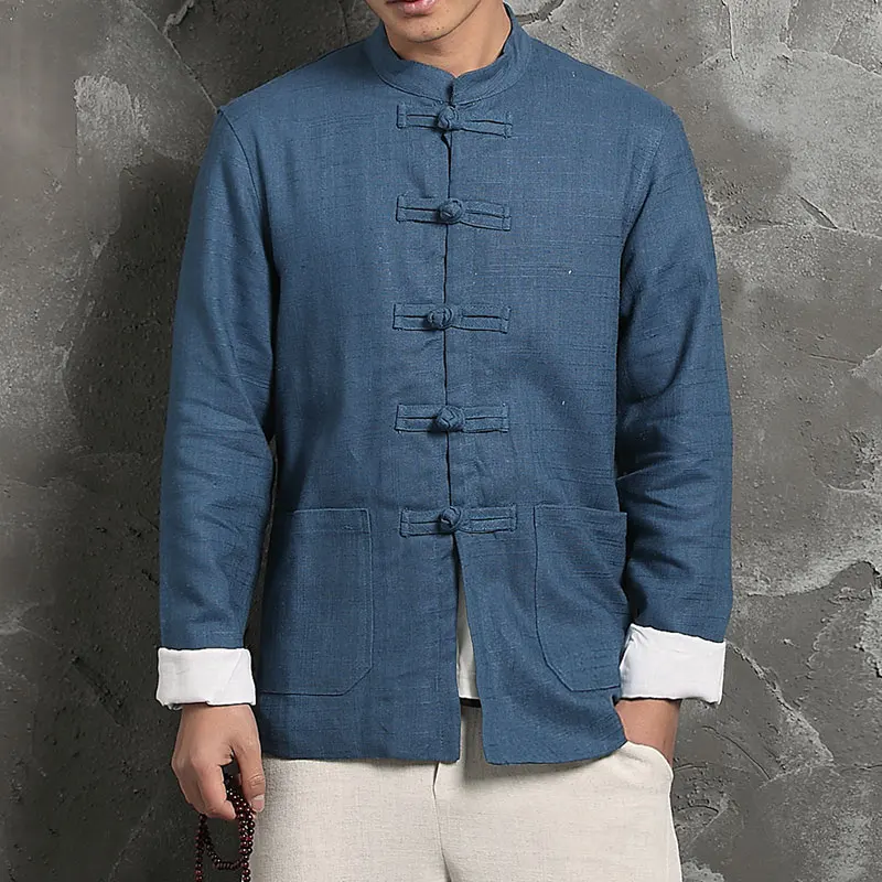 

Chinese style slim single breasted button stand collar Men's Jacket And Coat linen overcoats Casual men Solid retro jackets