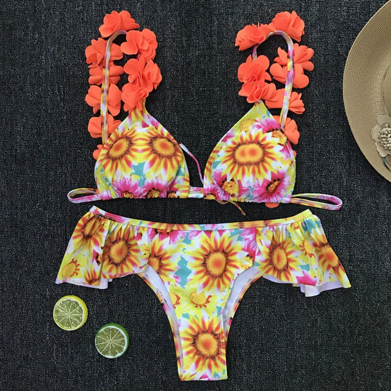 Women print biquini set sexy Flower patchwork Brazilain Padded maillot de bain femme Ruffles bandage Triangle swimsuit beachwear |