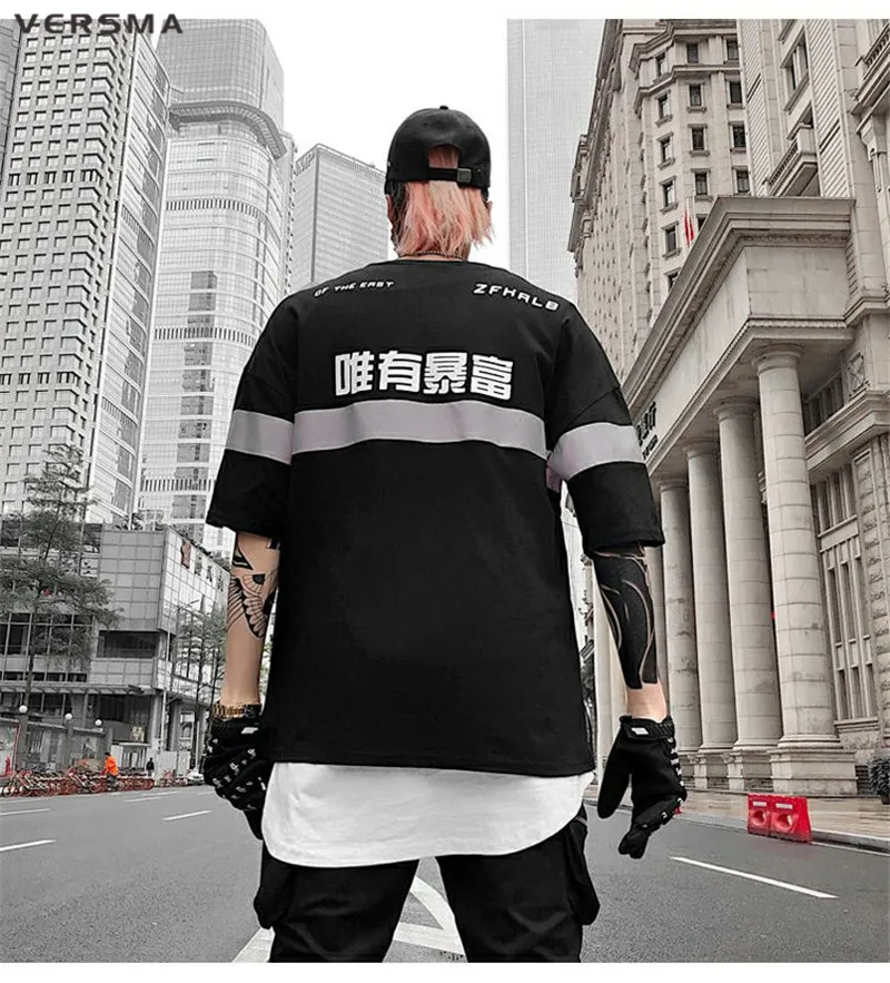 VERSMA корейская Harajuku Светоотражающая светящаяся китайская печатная Футболка мужская летняя Высокая улица K поп винтажная парная Футболка мужская