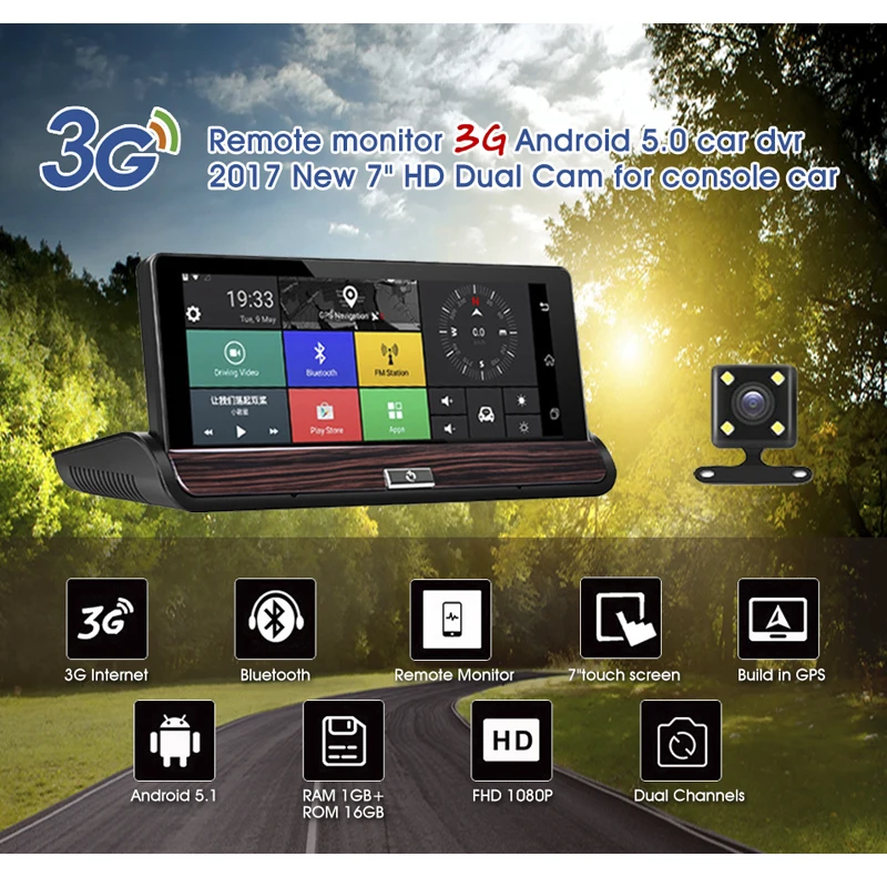 Новые 3g видеорегистратор dvr заднего вида Android 5.0 GPS bluetooth fm WI-FI Двойной объектив
