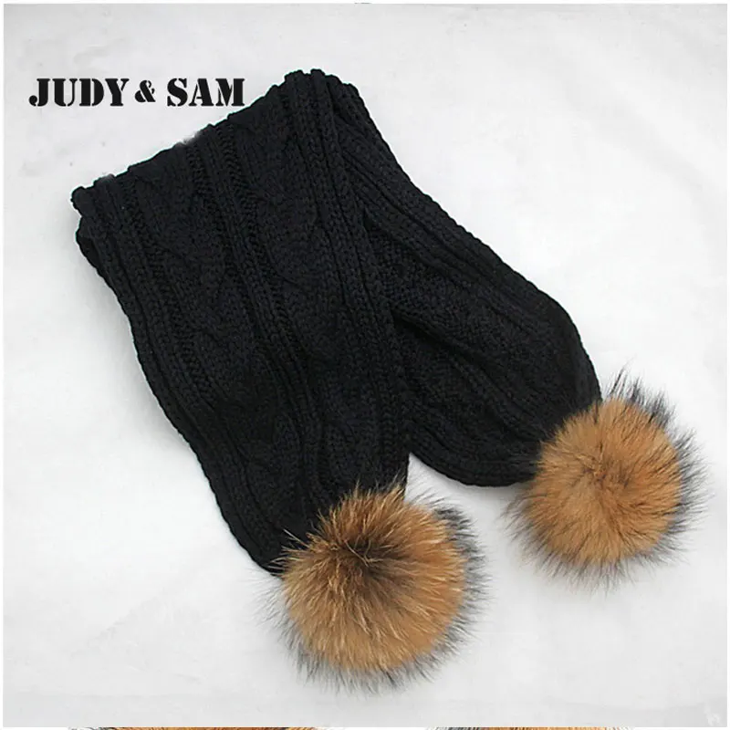 Женский теплный вязанный шарф с двумя помпонами из меха енота.|scarf beaded|scarf slidescarf