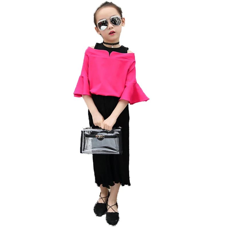 2018 Spring Autumn Girls Flare Sleeve T-shirt+Pants Fashion Princess Clothing Sets Kid Bare shoulder School Sport Clothes set | Мать и