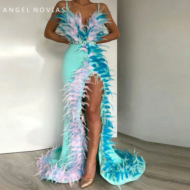 ANGEL NOVIAS длинное зеленое перо Abendkleider арабское вечернее платье с разрезом Vestido Sirena Largo