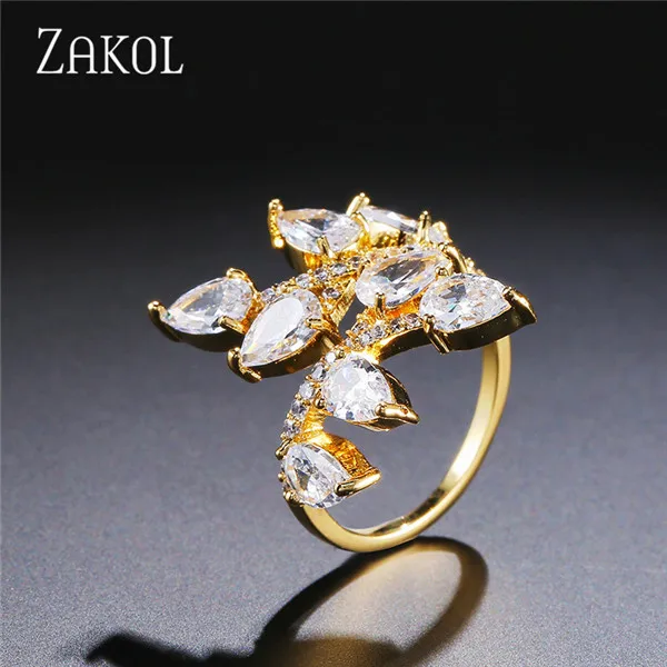 Gold Color ZAKOL классические открытые кольца с кристаллами циркония в форме листа для женщин Свадебные украшения оптом FSRP2024 - Цвет основного камня: Gold Color