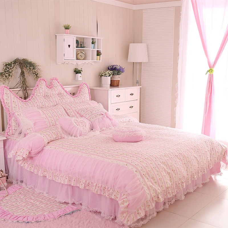 three-colour bedding set flower duvet cover ruffle lace bed skirt princess bedroom textile pastoral style 4/6/8pcs | Дом и сад