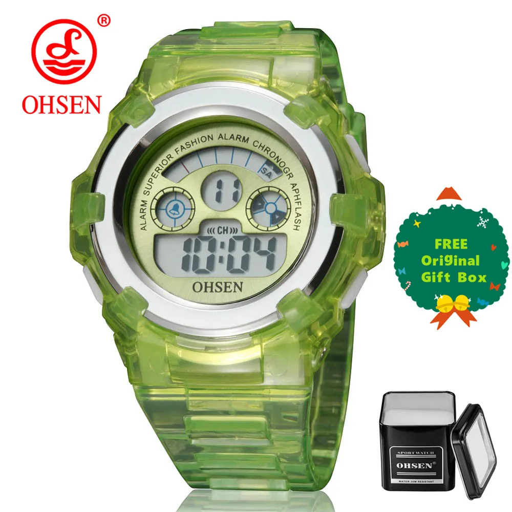Green and gift box OHSEN, многофункциональные спортивные детские часы, светодиодный Будильник, цифровые часы с секундомером, детские наручные часы, детские часы - Цвет: Green and gift box