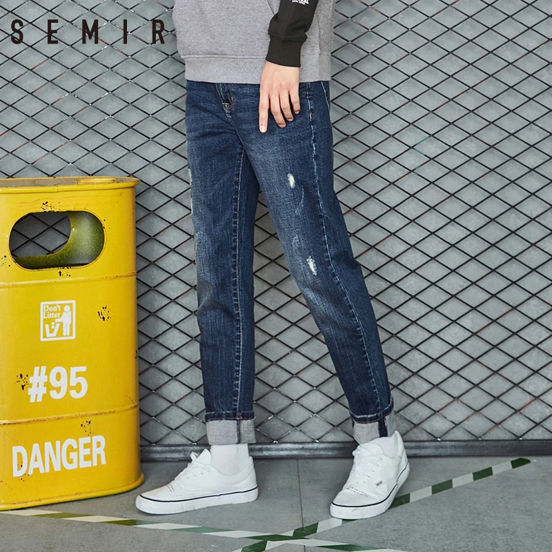 Мужские зауженные джинсы SEMIR классические повседневные Прямые эластичные рваные