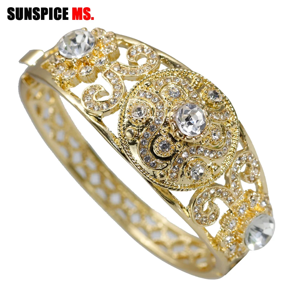 SUNSPICEMS модный Закавказский этнический свадебный браслет для женщин золотого цвета полый Браслет-манжета Полный Кристалл индийские свадебные ювелирные изделия