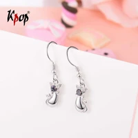 kpop sterling silver cat earrings love gifts animal jewelry rainbow stone crystal kitty cat drop dangle earrings for women e6087