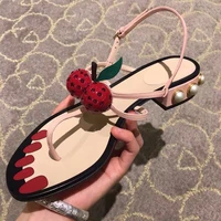 women summer shoes 2020 sandals square low heel cute cherry decor flats sandals luxury pearl casual flip flops sweet shoes women