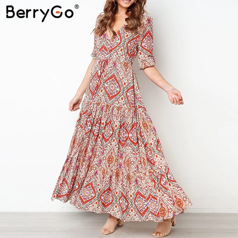 BerryGo Boho платье с цветочным принтом Длинные платья для женщин Лето плюс размер v