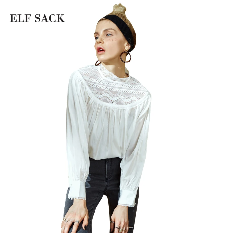 ELFSACK Stylish Women Lace Shirts White Stand Collar Vintage Female OL Literary Blouses Lantern Sleeve Casual Top Blouses|top blouse|women lace