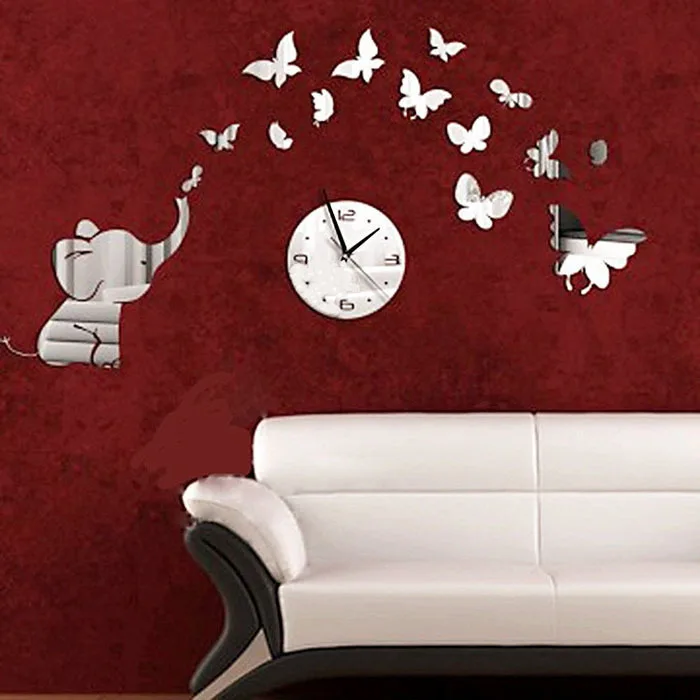 3d настенные часы со слоном и бабочкой зеркальные Diy украшение дома хрустальные