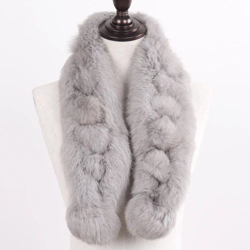 LIGHT GREY Брендовый женский длинный шарф с помпонами из натурального кроличьего меха, зимний женский шарф из натурального кроличьего меха, пушистые шарфы из кроличьего меха - Цвет: LIGHT GREY