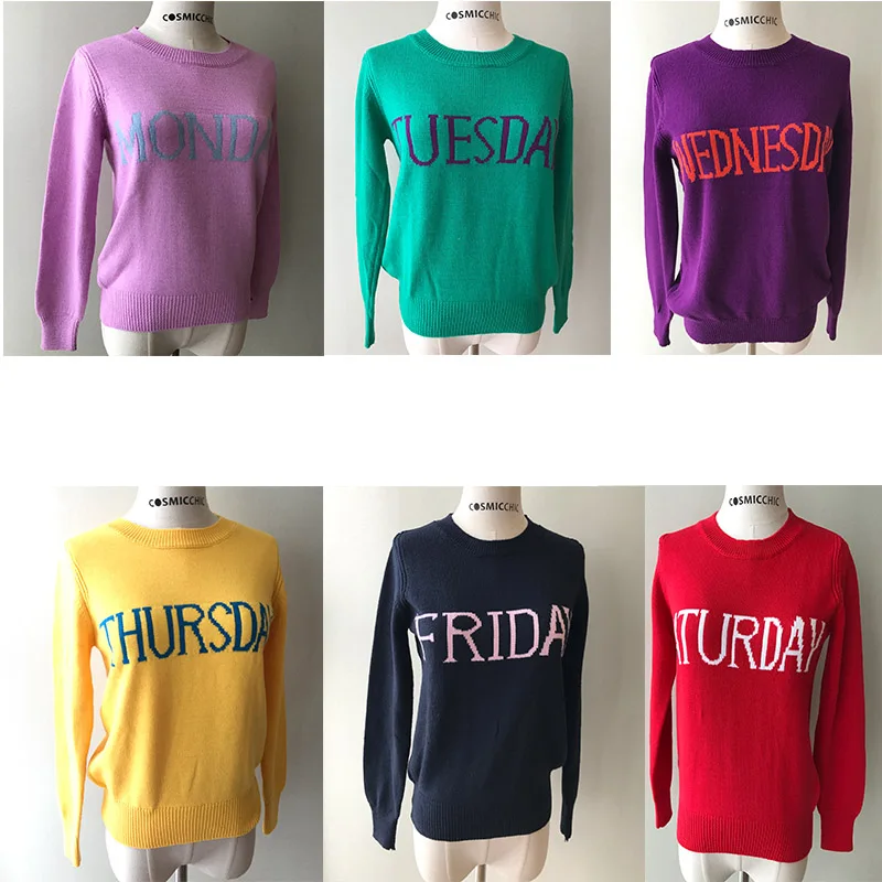 Rainbow Sweater Women Chic Knitting Jumper Monday Tuesday Wednesday Thursday Friday Saturday Sunday Week LY016 | Женская одежда