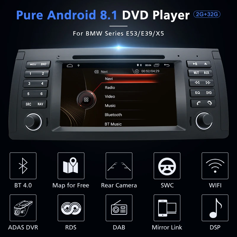Junsun Android 8 1 автомобильный DVD плеер gps навигации Din стерео Системы для BMW E39 X5 E53