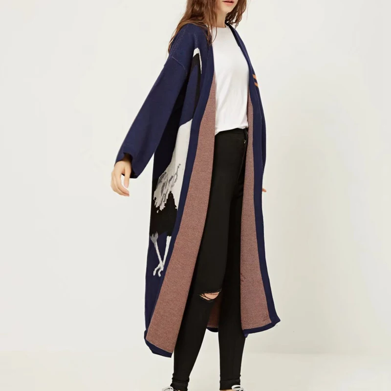 Stork Female Cardigan Sweater for Women's Winter Jumper Coat Kimono Vintage Knitted Long Trench Windbreaker |