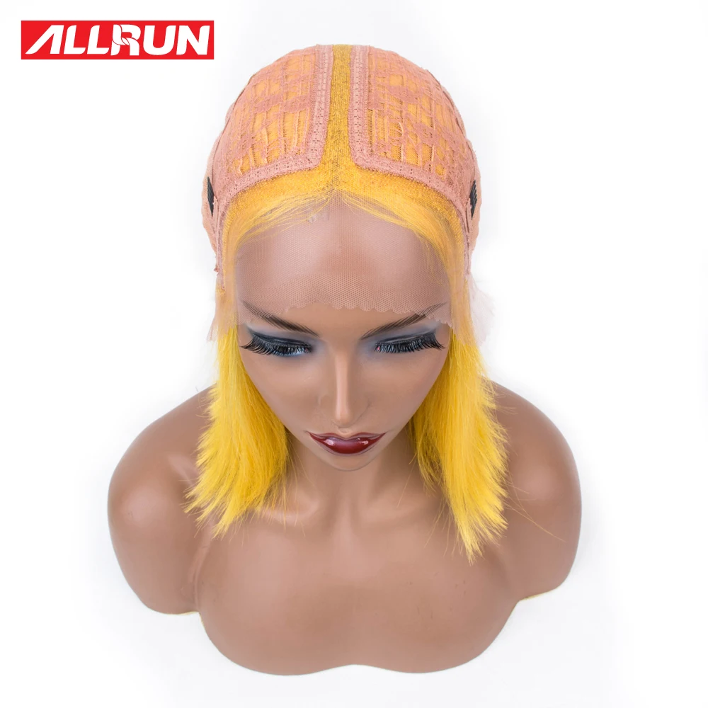Парики из натуральных волос на шнурках Allrun Короткие парики средней длины жёлтые