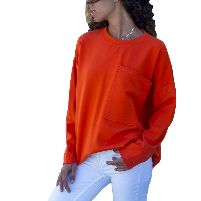 

Spring Women Casual Loose T-shirts Autumn Ladies Long Sleeve O-neck Pocket Tee Tops Female T Shirt SJ338V