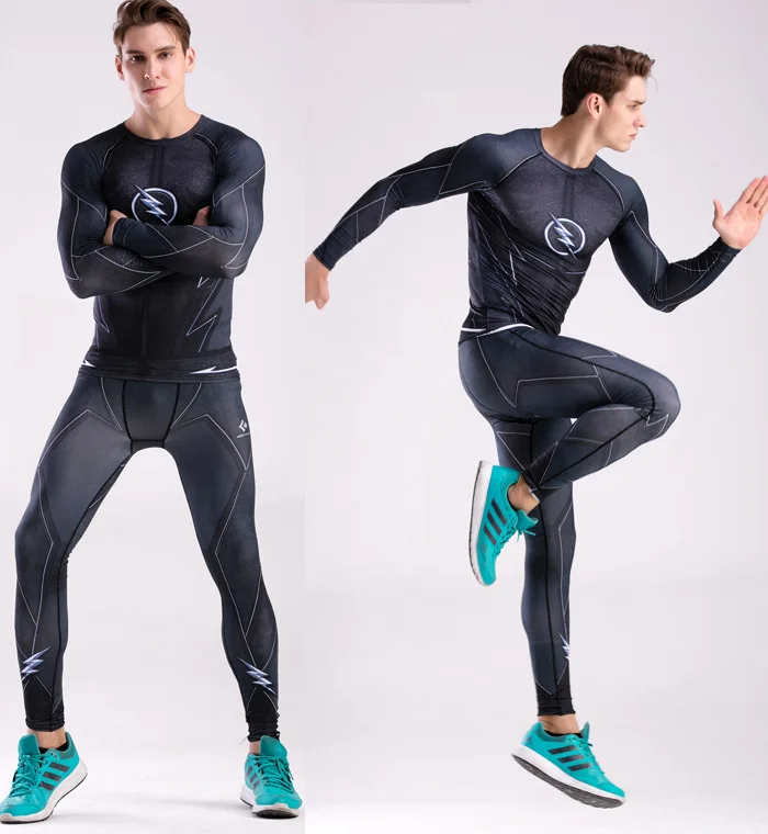 Мужские комплекты для фитнеса и бега с 3D принтом компрессионная рубашка длинным
