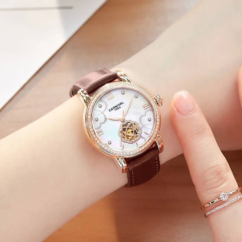 Фото 33mm 2017 New CARNIVAL Skeleton Mechanical Automatic Watch Wristwatch For Women With Red Leather Strap relogio feminino 2017 №4