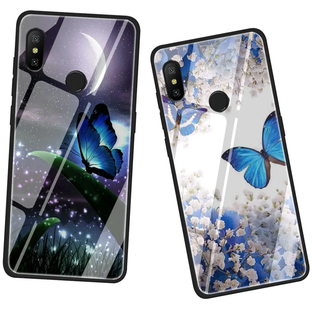 Чехол из закаленного стекла с бабочкой на белых розах для Xiaomi 8 Lite A1 A2 9 Redmi Note 5 6 7 Pro 6A 4X F1