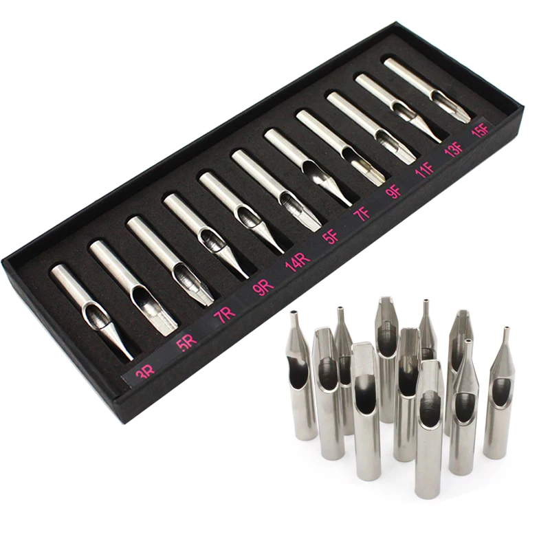 11PCS Tattoo Stainless Steel Nozzle Tips Tubes Set Kit Box Round Flat Tattoo Tips Mixed For Tattoo Needles Machine Grip Supply