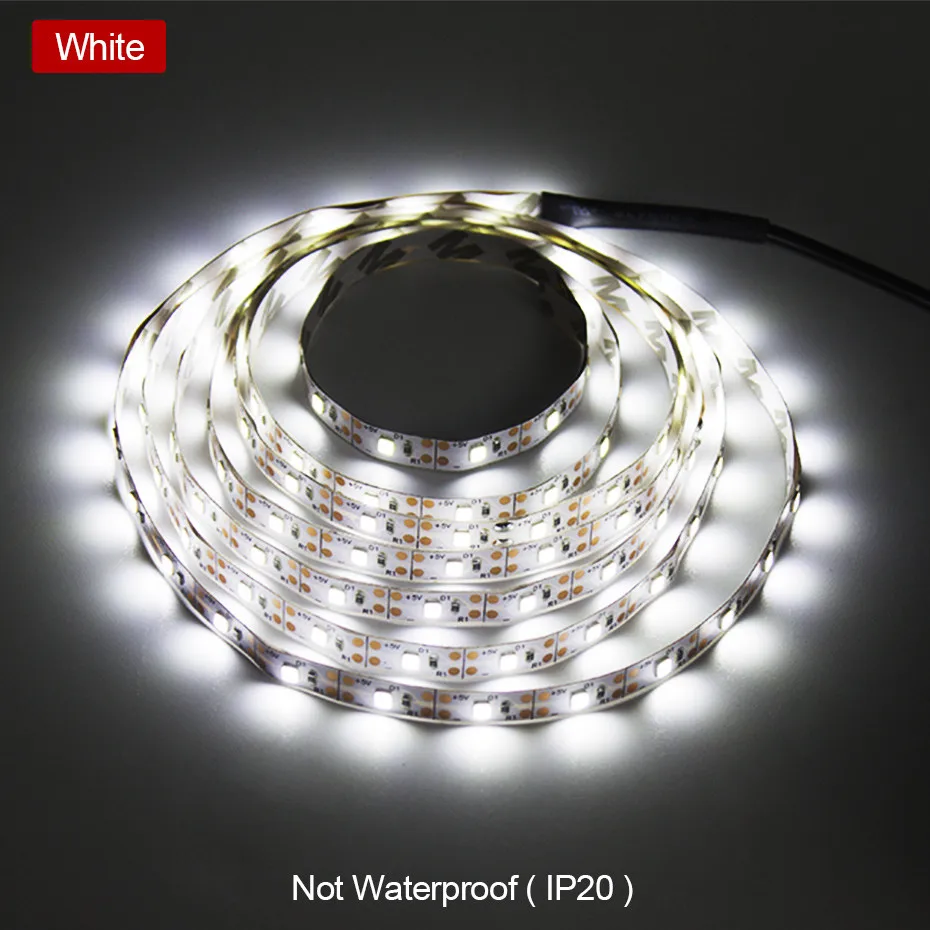IP20 White Светодиодная лента USB, 1 м, 2 м, 3 м, 4 м, 5 м, водонепроницаемая, 5 В, теплый белый/белый, 2835, 3528, гибкая светодиодная лента, светильник для телевизора, фоновый светильник ing - Испускаемый цвет: IP20 White