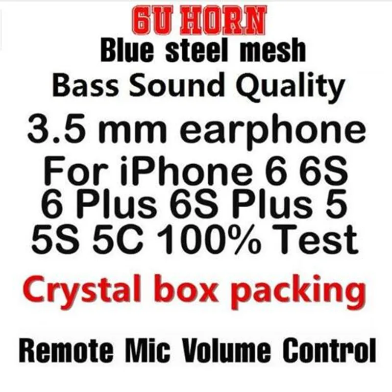 

High quality 200pcs/lot 3.5mm In-ear 6U Horn Steel Mesh earphone headset with Remote Mic Volume Control for iphone 5 6 6s plus