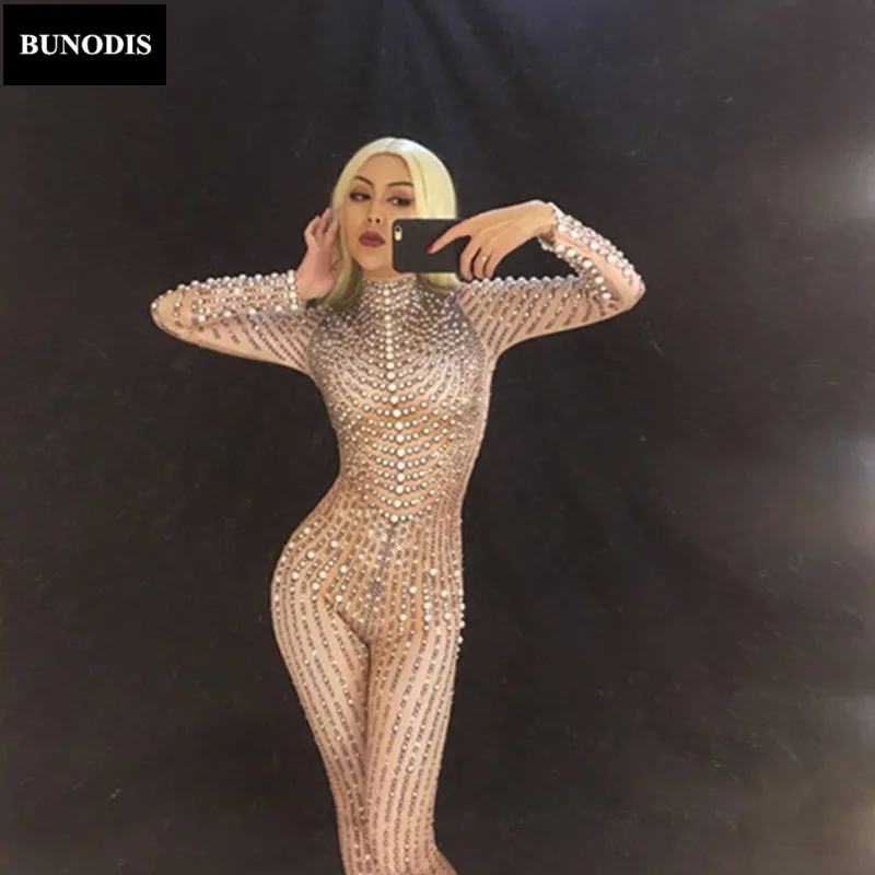 ZD129 Women Sexy Jumpsuit Full Of Sparkling Pearl Crystals Nightclub Party Dancer Singer Bodysuit Stage Wear Costume Performance