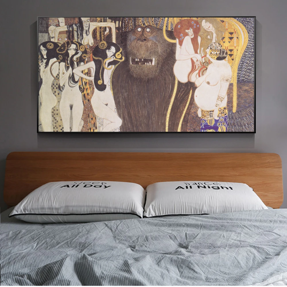 Gustav Klimt Paintings Reproductions On The Wall Beethoven Frieze Art Canvas Prints Nude Cuadros Pictures For Living Room | Дом и сад