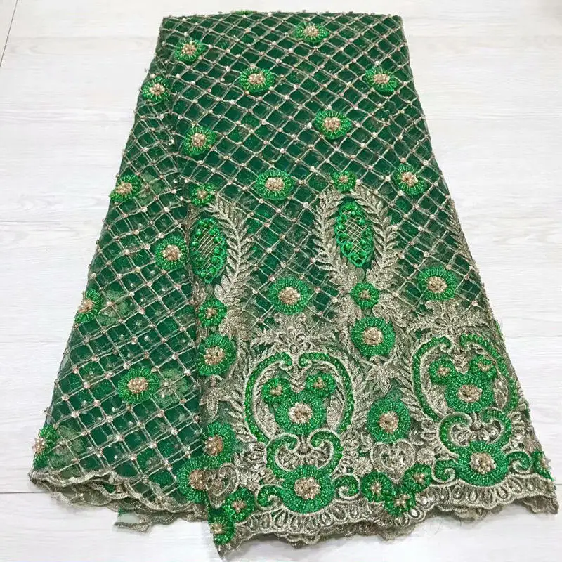 5 yards handmade green french lace African tulle fabric for garment sewing high quality with lots of beads sequin RG604 | Дом и сад
