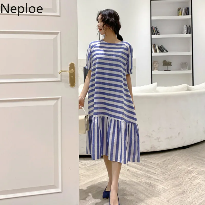 Neploe Полосатое женское платье лето 2019 Ретро стиль круглый вырез короткий рукав с