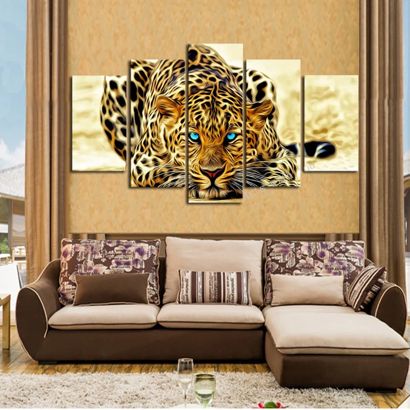 

5Panel 3D Leopard Modular Painting Animals Pop Art HD Print on Canvas Modern Poster Wall Picture Poster Living Room Home Decor