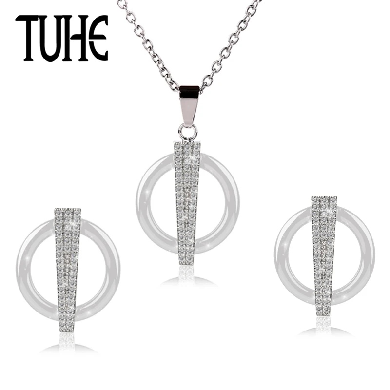 

New Design Shining Crystal Jewelry Set Round Ceramic Pendant Necklace And Stud Earrings For Women Wedding Party Jewelry Set Gift