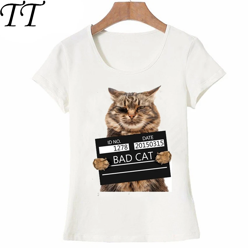 Женская футболка в стиле панк с принтом Bad cat in the police prison брендовая забавным