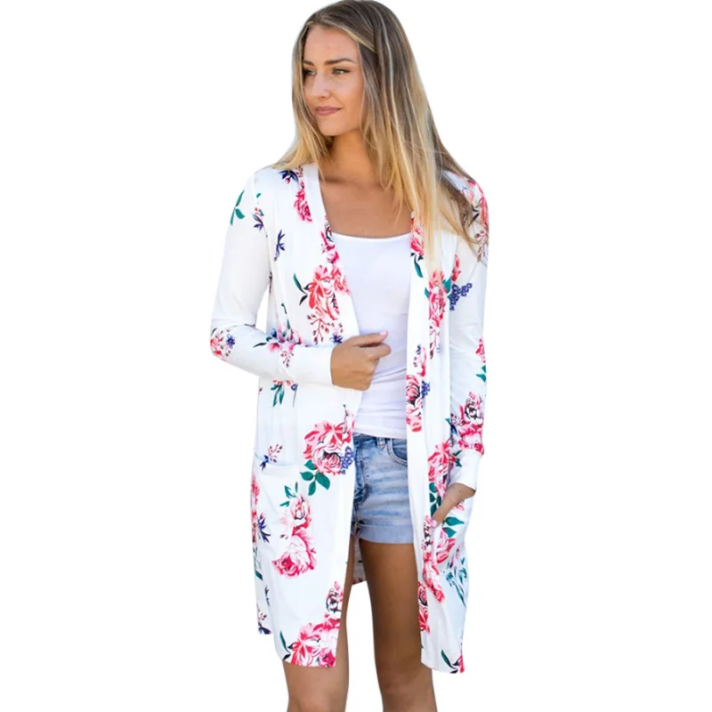 

Nice Blouse Autumn Floral Printed Women Windbreaker Long Sleeved Cardigan Women Outerwear Casual Open Stitch Long Jackets Coat