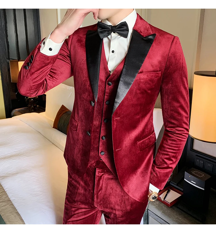 Свадебный элегантный мужской костюм s мужской костюм Terno Masculino осенний Бархатный смокинг пальто брюки дизайн Tero Slim Fit куртка+ жилет+ брюки