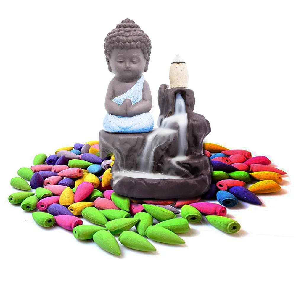 

4 Colors Backflow Incense Burner Ceramic Little Monk Stick Incense Holder Home Decor Aromatherapy Censer add 50 pcs Incense H