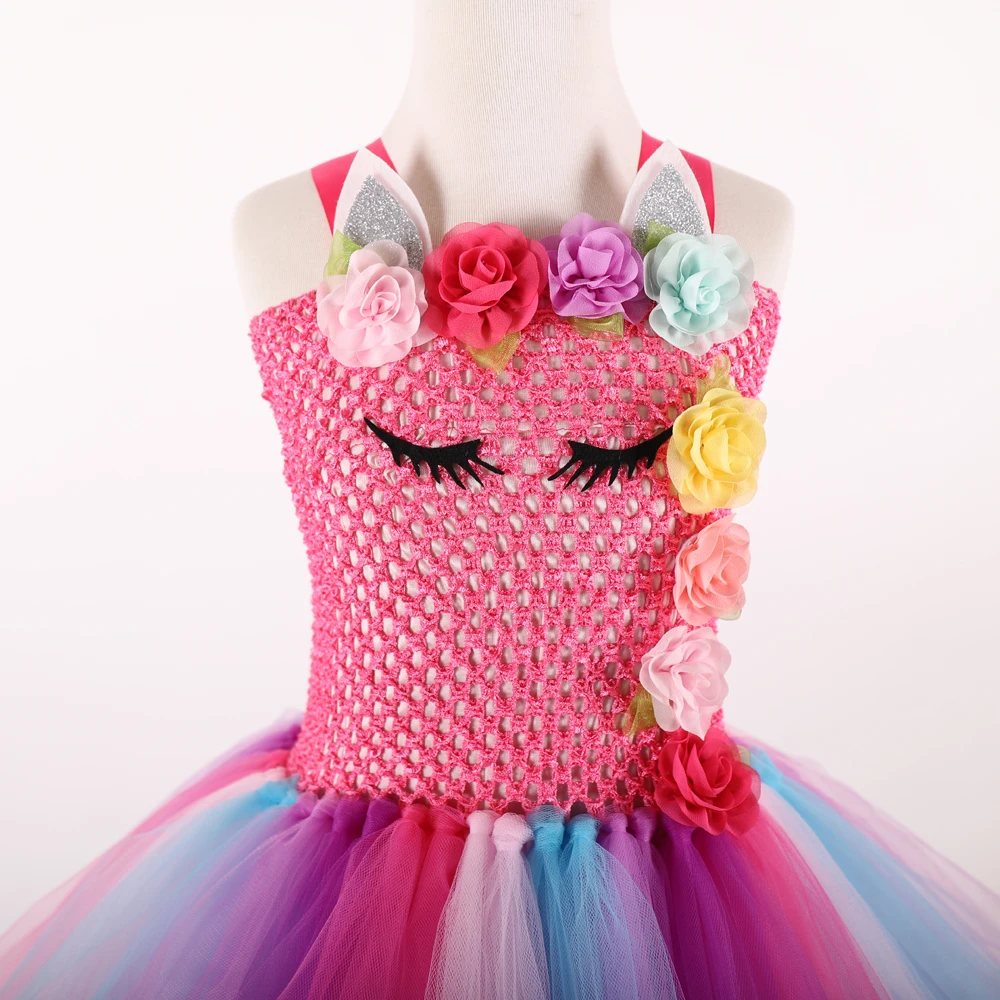 POSH DREAM Peach Pink Flower Kids Girls Party Dresses Unicorn Rainbow Cosplay Costume with Headband New Baby Cloth | Детская одежда и