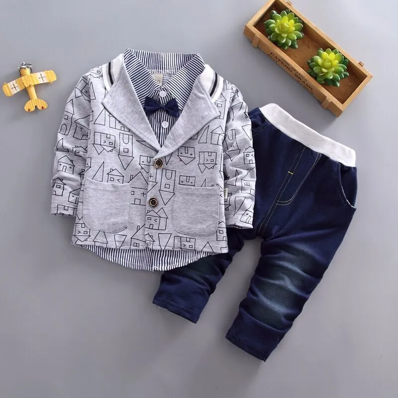 YZ fangzi Grey Новинка весны детская одежда Детский Блейзер деловой костюм джентльмена для Повседневное, костюмы для мальчиков, куртки с бантом и галстуком-бабочкой, футболка, штаны, 3 шт./компл., Одежда для младенцев - Цвет: YZ fangzi Grey