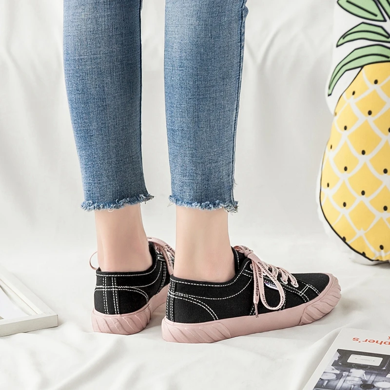 HQFZO/Pantshoes/парусиновые кроссовки на плоской подошве со шнуровкой; женские кроссовки на не сужающемся книзу массивном каблуке и платформе; Повседневная Вулканизированная обувь с буквенным принтом; женская обувь