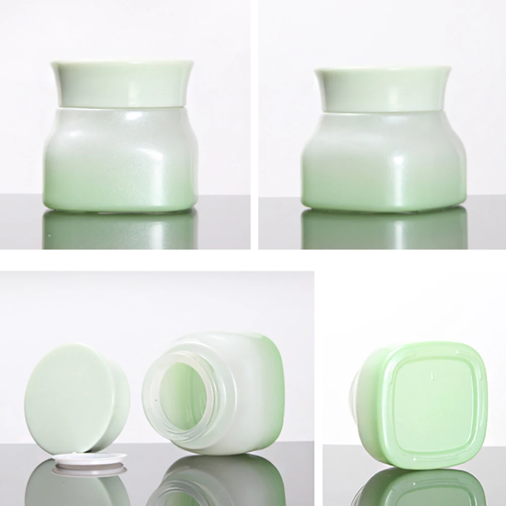 

50g Gradient Green Glass Jar With Screw Lid, Empty Square New Style Face Cream Bottle