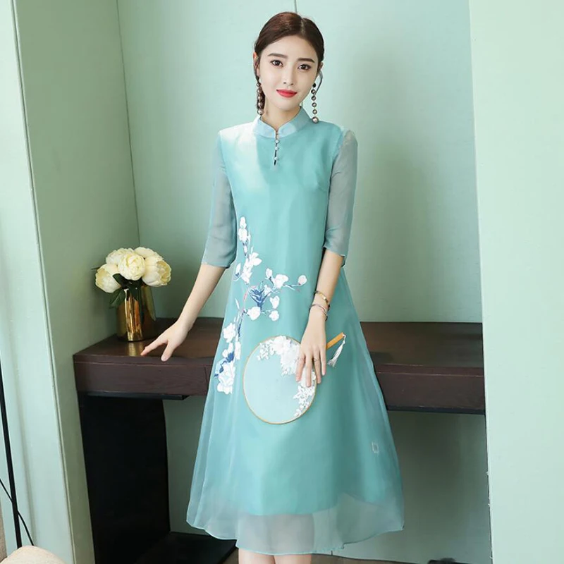 Винтажное платье в китайском стиле Cheongsam Vestidos с воротником-стойкой и пуговицами