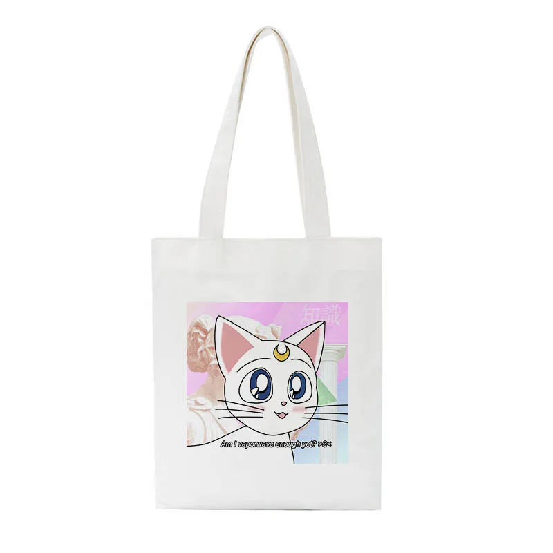 Сейлор Мун кошка милая сумка на плечо Harajuku мультфильм печати Холщовая Сумка Женская колледж Забавный Милый японский открытый карман сумки